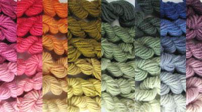 Hand dyed bulky rug weight 100% wool yarn in luscious colors for rug hooking and punching.