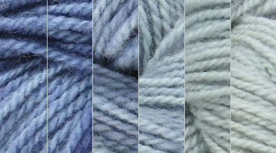Iris: blue violet, hand dyed, worsted weight, 100% wool yarn in 8 color values for fine shading for rug hooking and punching.